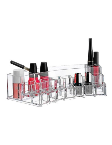 Organizador de maquillaje ovalado de acrílico transparente con compartimentos para labiales, esmaltes y cosméticos.