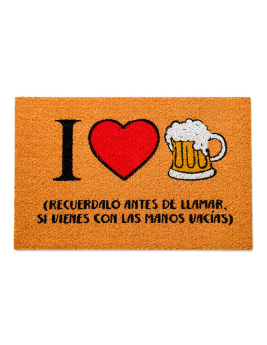 Felpudo de fibra de coco de 60x40 cm con la frase I Love Cerveza acompañada de un corazón rojo y una jarra de cerveza