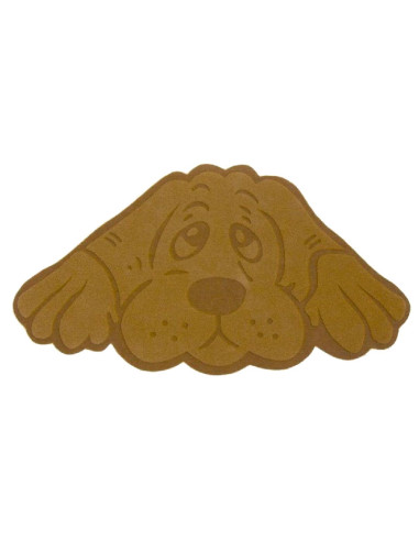 Felpudo con forma de perro tumbado en tono marrón.