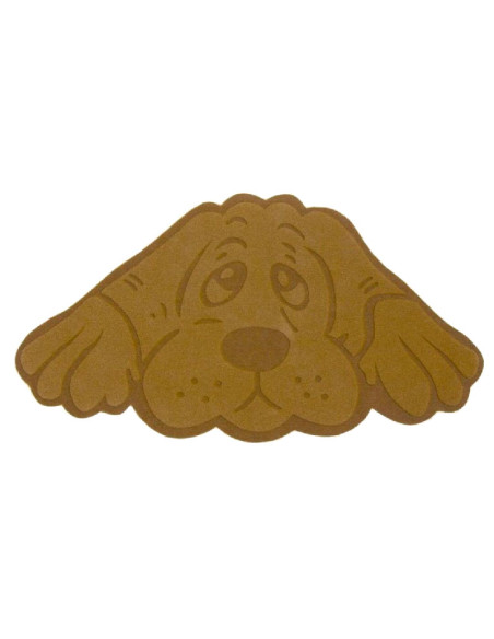 Felpudo con forma de perro tumbado en tono marrón.