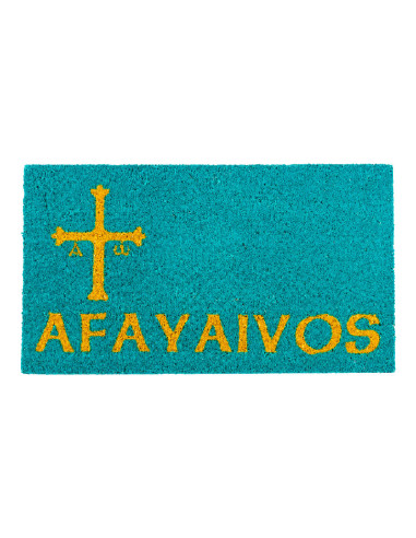 Felpudo azul de coco con palabra Afayaivos y Cruz de la Victoria de Asturias.