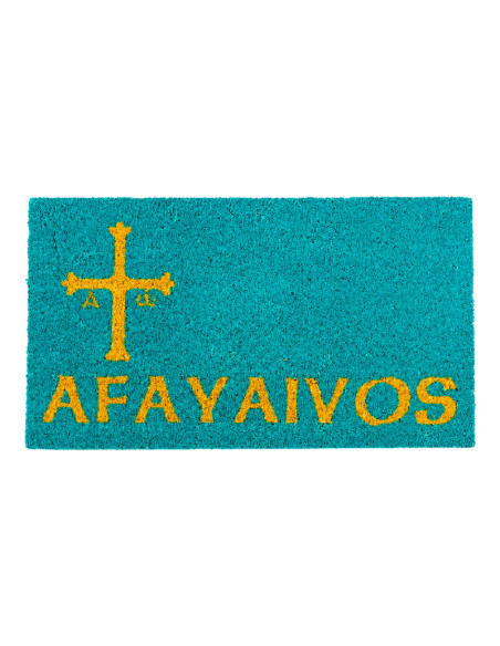 Felpudo azul de coco con palabra Afayaivos y Cruz de la Victoria de Asturias.