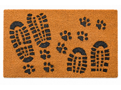 Felpudo de fibra de coco de 70x40 cm con huellas humanas y de patas de mascota moldeadas en caucho negro en relieve