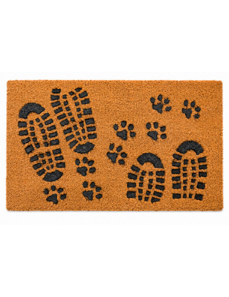 Felpudo de fibra de coco de 70x40 cm con huellas humanas y de patas de mascota moldeadas en caucho negro en relieve