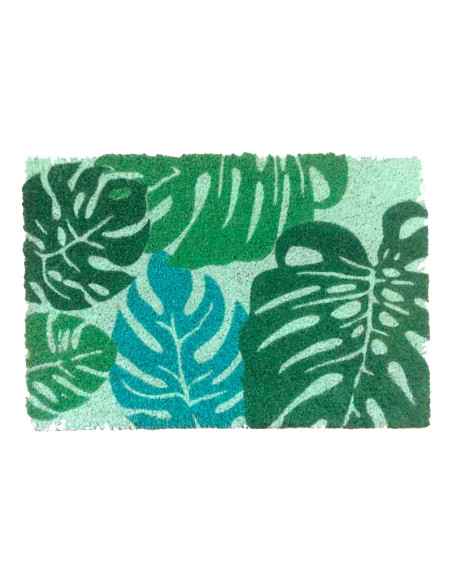 Felpudo decorado con hojas tropicales.