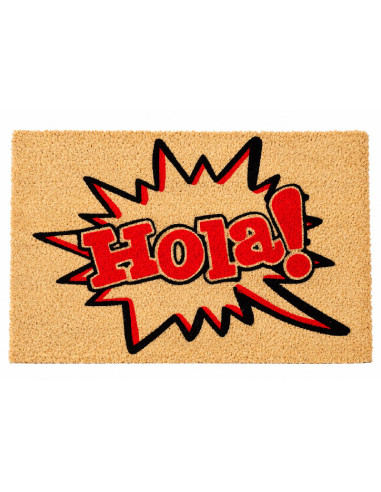 Felpudo de coco con palabra Hola en rojo y diseño de explosión estilo cómic.