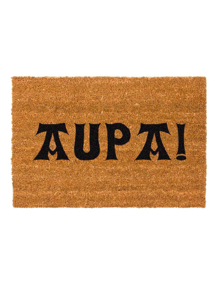 Felpudo de fibra de coco de 60x40 cm con la palabra Aupa en letras negras grandes con tipografia tradicional vasca