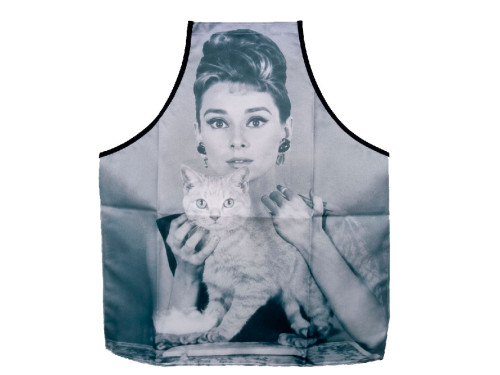 Delantal Audrey Hepburn con diseño inspirado en la actriz, tejido antimanchas y lavable en lavadora.