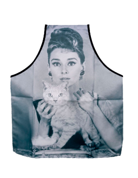 Delantal Audrey Hepburn con diseño inspirado en la actriz, tejido antimanchas y lavable en lavadora.