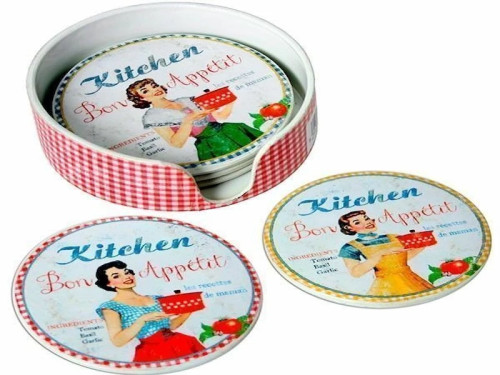 Set de 6 posavasos con soporte estilo retro.