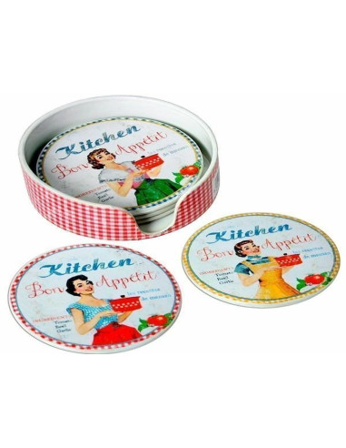 Set de 6 posavasos con soporte estilo retro.