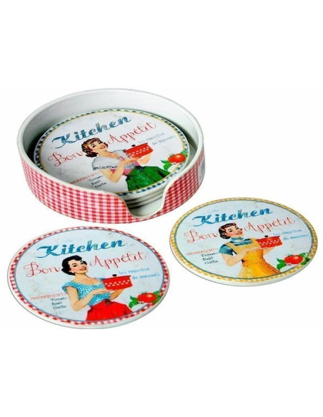 Set de 6 posavasos con soporte estilo retro.