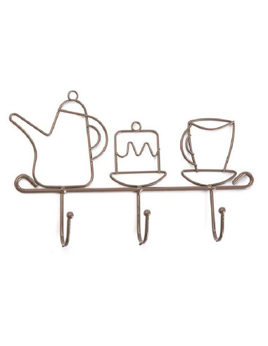 Perchero metálico de cocina con diseño de tetera, pastel y taza y ganchos para colgar accesorios.