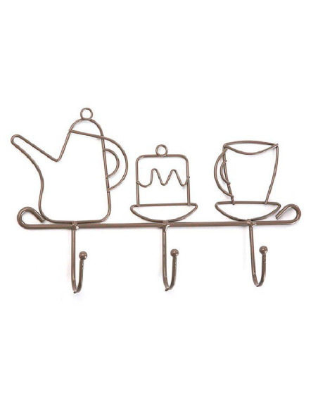 Perchero metálico de cocina con diseño de tetera, pastel y taza y ganchos para colgar accesorios.
