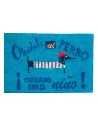 Felpudo “Olvídate del perro, cuidado con el niño” azul