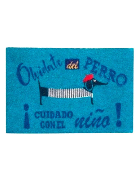 Felpudo “Olvídate del perro, cuidado con el niño” azul