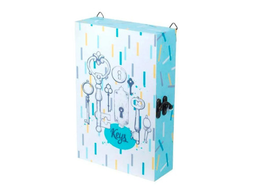 Caja cuelgallaves de pared color azul con ilustraciones y texto Keys