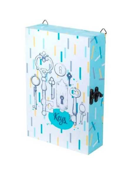 Caja cuelgallaves de pared color azul con ilustraciones y texto Keys