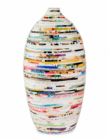 Jarrón ancho de cerámica forrado con papel reciclado multicolor de 40 cm.