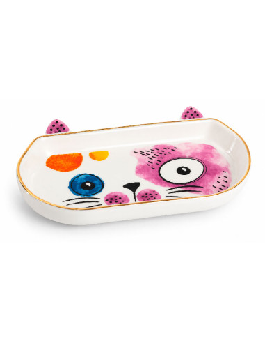 Vaciabolsillos de porcelana con diseño de gato en colores rosa, azul, naranja y blanco.
