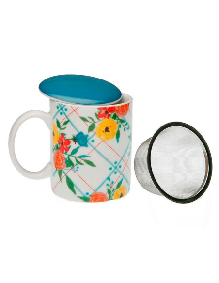 Taza tisanera de porcelana con tapa y filtro modelo Fiori con diseño floral