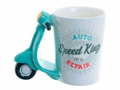 Taza de cerámica blanca con asa en forma de scooter turquesa