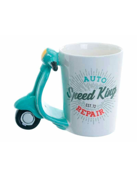 Taza de cerámica blanca con asa en forma de scooter turquesa