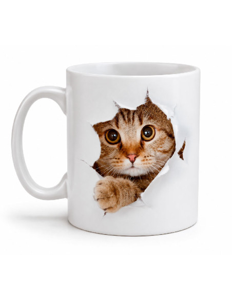 Taza blanca de cerámica con diseño de gatito por ambos lados y capacidad de 325 ml.