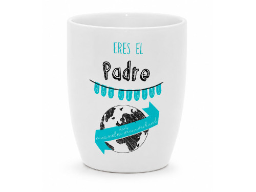 Taza blanca de cerámica con la frase Eres el padre más genial del mundo mundial y capacidad de 385 ml.