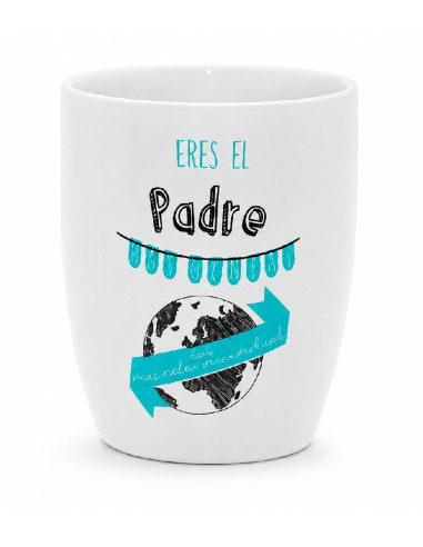 Taza blanca de cerámica con la frase Eres el padre más genial del mundo mundial y capacidad de 385 ml.