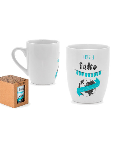 Bonita taza para regalar a nuestros padres con la frase Eres el padre más genial del mundo mundial con su caja