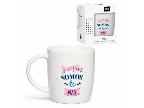 Taza blanca de cerámica con la frase Juntos Somos Lo Más impresa en color azul y rosa 2