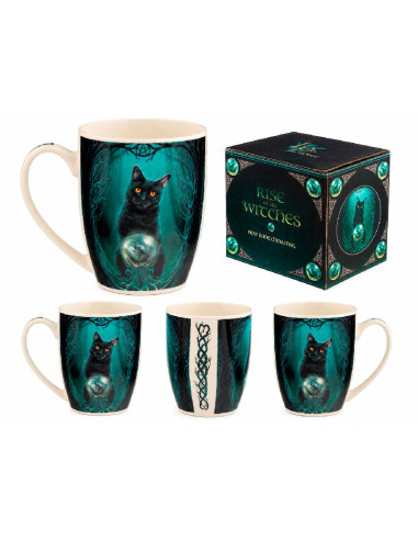 taza "Gato de las Brujas" diseño de Lisa Parker en su caja