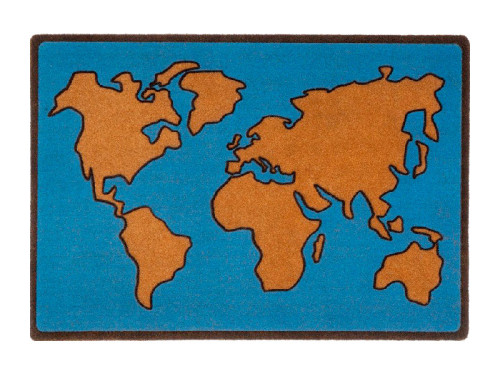 Felpudo de poliéster con diseño de mapamundi en azul y marrón.