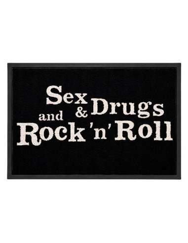 Felpudo negro de poliamida con la frase Sex, Drugs and Rock 'n' Roll impresa en letras blancas de estilo retro