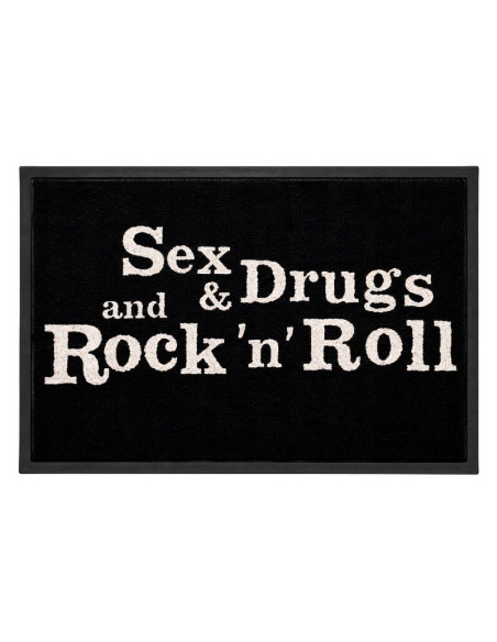 Felpudo negro de poliamida con la frase Sex, Drugs and Rock 'n' Roll impresa en letras blancas de estilo retro