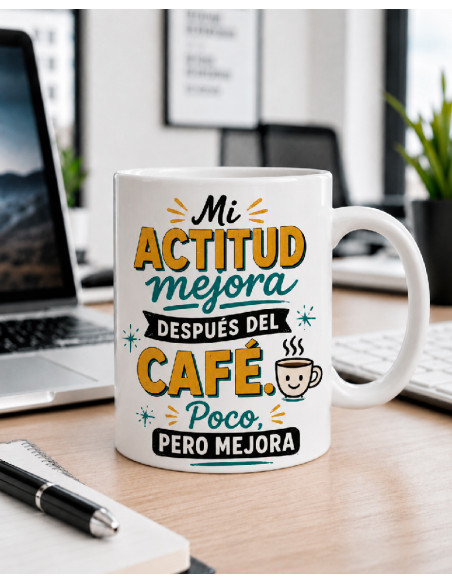 Taza con Frase Divertida "Mi actitud mejora después del café" | Tazas Originales