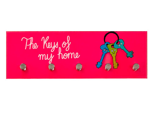 Colgador de llaves de cristal rosa fucsia con la frase The Keys of My Home y 5 ganchos.