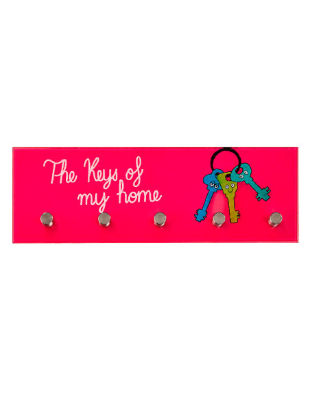 Colgador de llaves de cristal rosa fucsia con la frase The Keys of My Home y 5 ganchos.