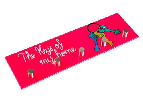Colgador de llaves de cristal rosa fucsia con la frase The Keys of My Home y 5 ganchos. 2