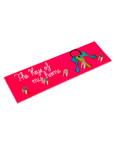 Colgador de llaves de cristal rosa fucsia con la frase The Keys of My Home y 5 ganchos.