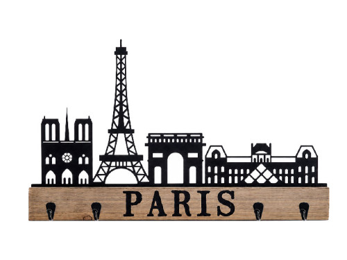 Colgador de llaves de madera y metal con skyline de París y Torre Eiffel.
