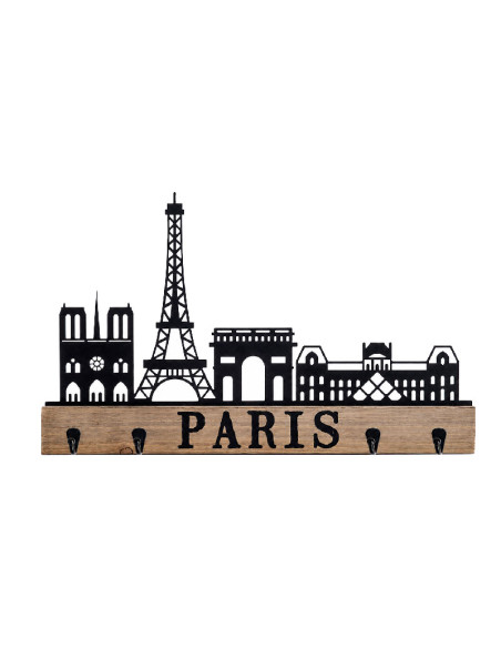 Colgador de llaves de madera y metal con skyline de París y Torre Eiffel.