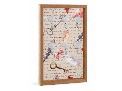 Colgador de llaves de madera MDF con diseño vintage de llaves, plumas y mariposas y 6 ganchos numerados.