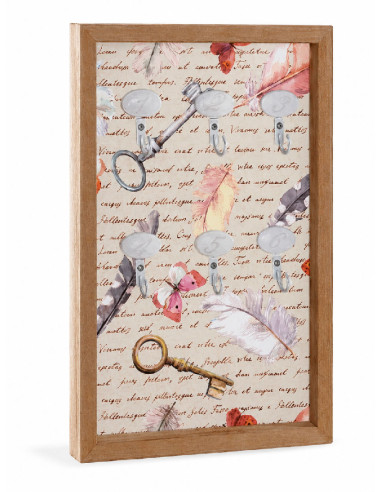 Colgador de llaves de madera MDF con diseño vintage de llaves, plumas y mariposas y 6 ganchos numerados.