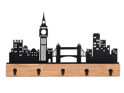Colgador de llaves de madera y metal con skyline de Londres, Big Ben, Tower Bridge y 5 ganchos.