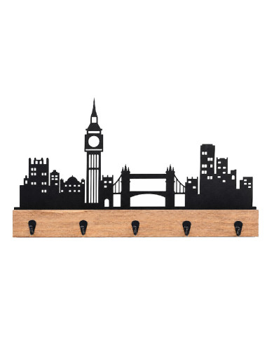 Colgador de llaves de madera y metal con skyline de Londres, Big Ben, Tower Bridge y 5 ganchos.