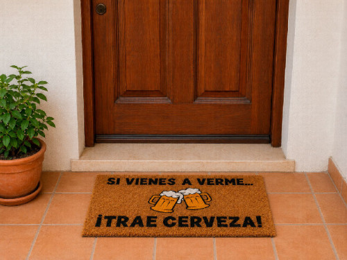 Felpudo divertido de fibra de coco con mensaje Si vienes a verme trae cerveza 2
