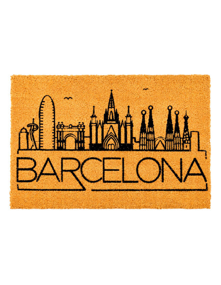 Felpudo de fibra de coco con el skyline de Barcelona y varios monumentos de la ciudad.