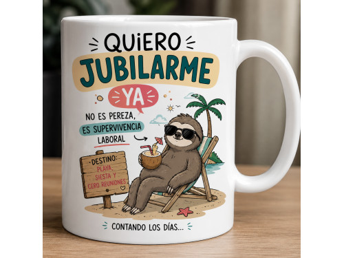 Taza blanca Quiero jubilarme ya con perezoso descansando en una tumbona en la playa. 2